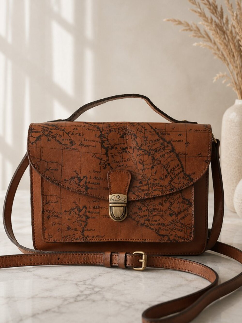 Patricia NASH Digione Riot Rust Map-Print Brown Leather Crossbody Satchel